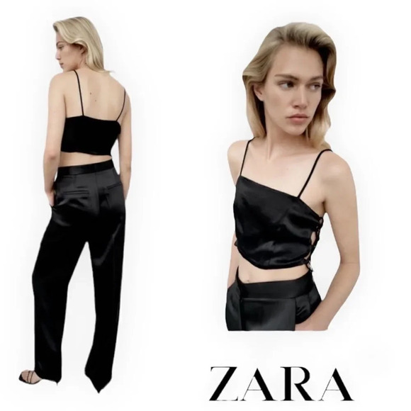 ZARA | Black | SATIN EFFECT TOP WITH BOW - Picture 1 of 7